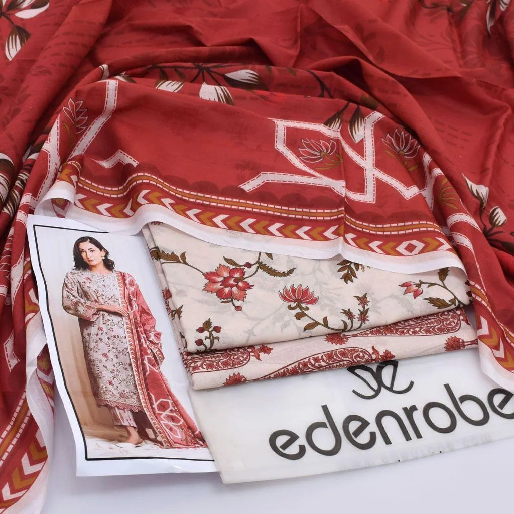 Edenrobe 3 Piece Digital Print Lawn Suit  Purple ,Off White and Beige
