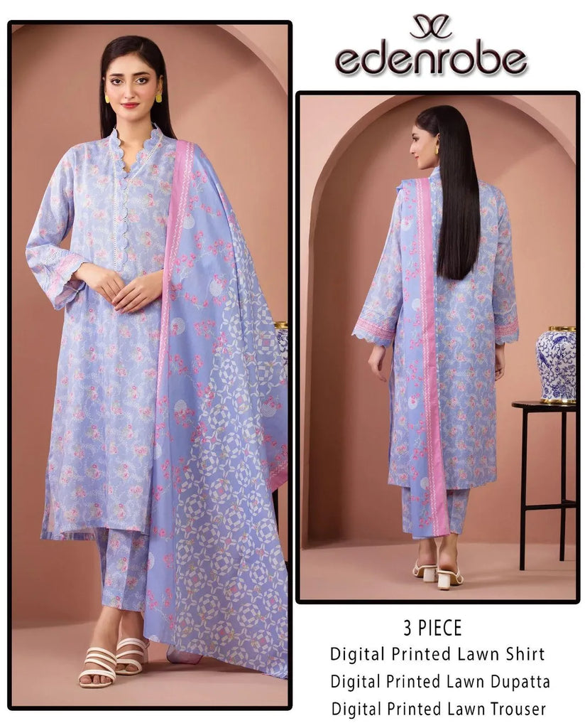 Edenrobe 3 Piece Digital Print Lawn Suit  Purple ,Off White and Beige