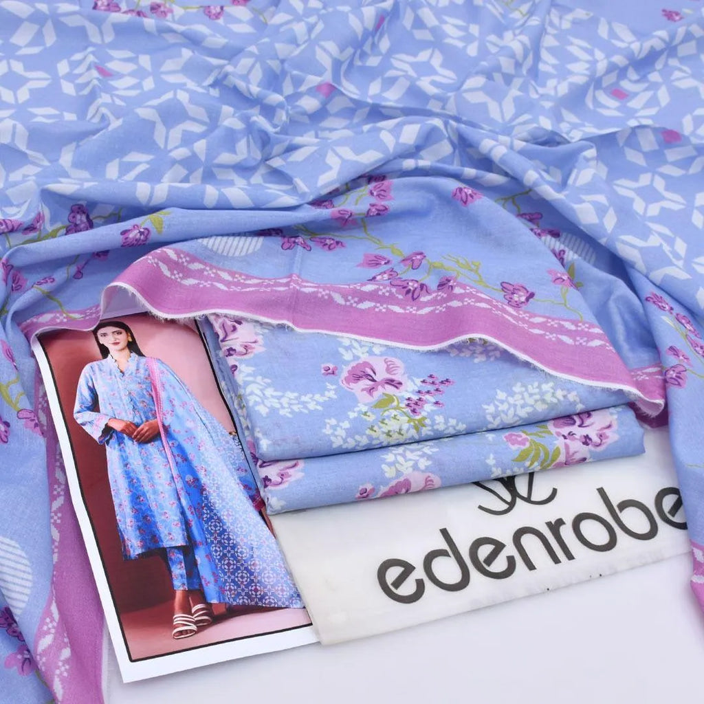 Edenrobe 3 Piece Digital Print Lawn Suit  Purple ,Off White and Beige