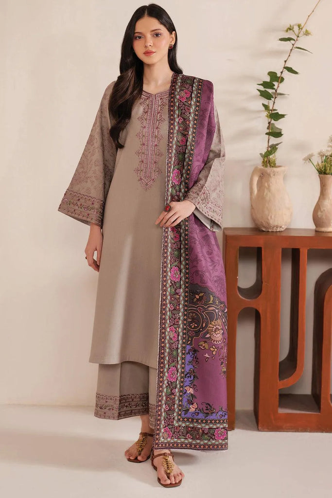 Beige Embroidered Lawn 3Pcs Set with Purple Dupatta