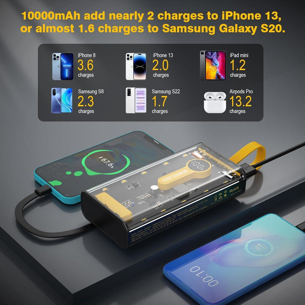 🔋 10000mAh Fast Charging Power Bank | 22.5W Portable Charger with Built-in Cables ⚡
